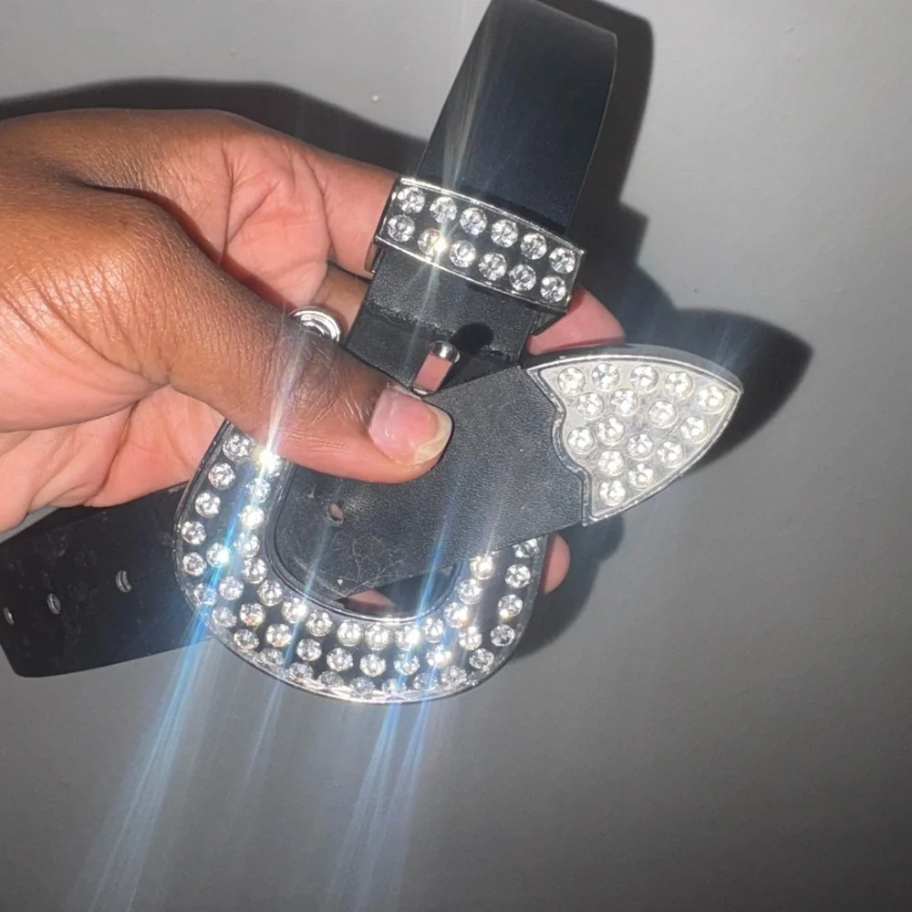 Crystal Rhinestone Statement Buckle Belt Black XS Glam Western Disco Party